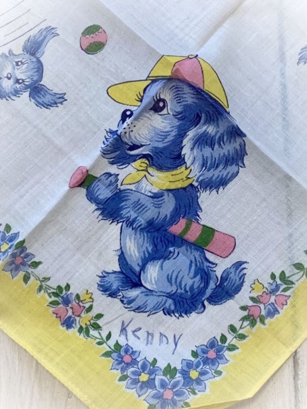 Vintage 1950s Novelty Children's Handkerchief Blue Puppy Dogs Kenny & Sparky
